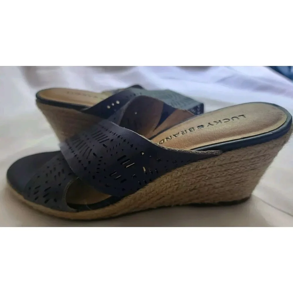 LUCKY BRAND WEDGE SANDALS WOMENS SIZE 6.5 NAVY BLUE TAN KEELA NEW LEATHER - Picture 3 of 6